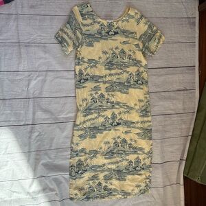 Back of the Bay 100% linen yellow tropical palm tree Hawaii theme maxi dress